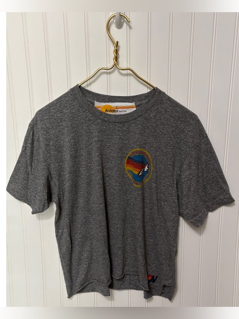 AVIATOR NATION Heather Grey Small Logo Cropped Boyfriend Tee T Shirt Size Large